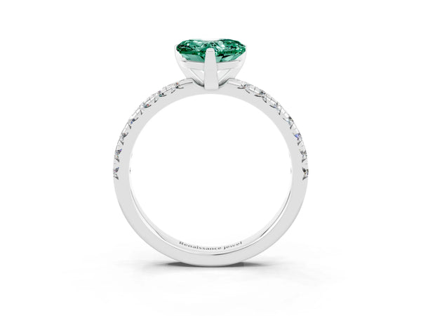 Platinum Heart Cut Green Sapphire Solitaire Pavé Engagement Ring with Round Band and Prong Setting