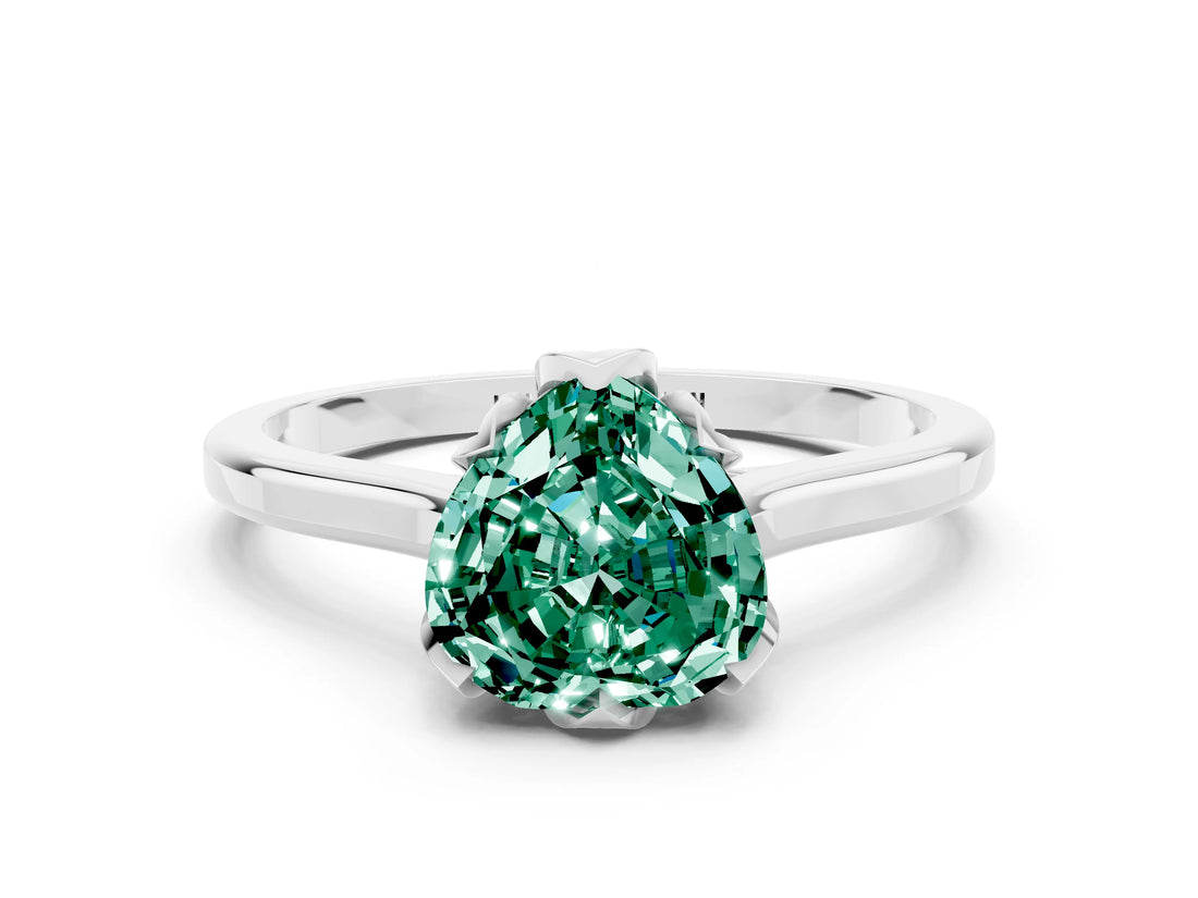 Platinum Heart Cut Green Sapphire Solitaire Ring with Flower Prong Setting and Classic Band_12