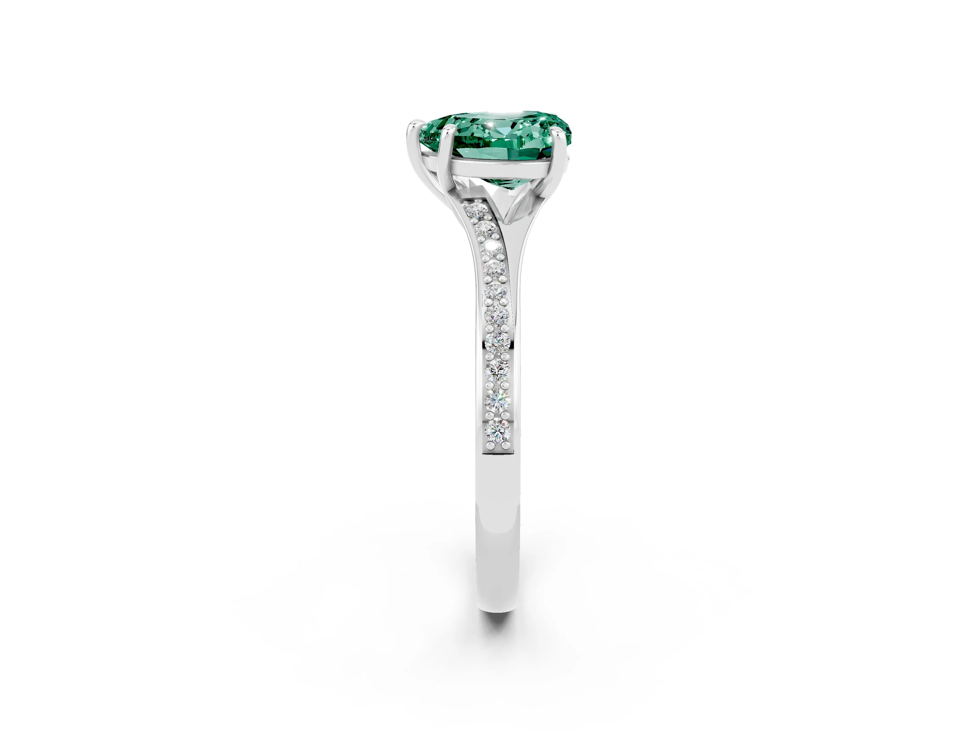 Platinum Heart Cut Green Sapphire Solitaire Ring with Pavé Band and Prong Setting_14