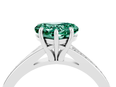 Platinum Heart Cut Green Sapphire Solitaire Ring with Pavé Band and Prong Setting_16