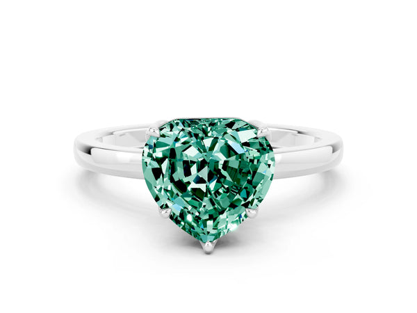 Platinum Heart Cut Green Sapphire Solitaire Ring with Thin Band and Prong Setting