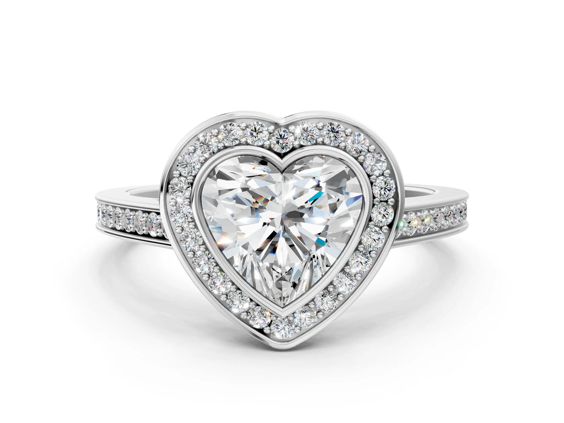 Platinum Heart Cut Halo Bezel Diamond Pave Band Ring_13