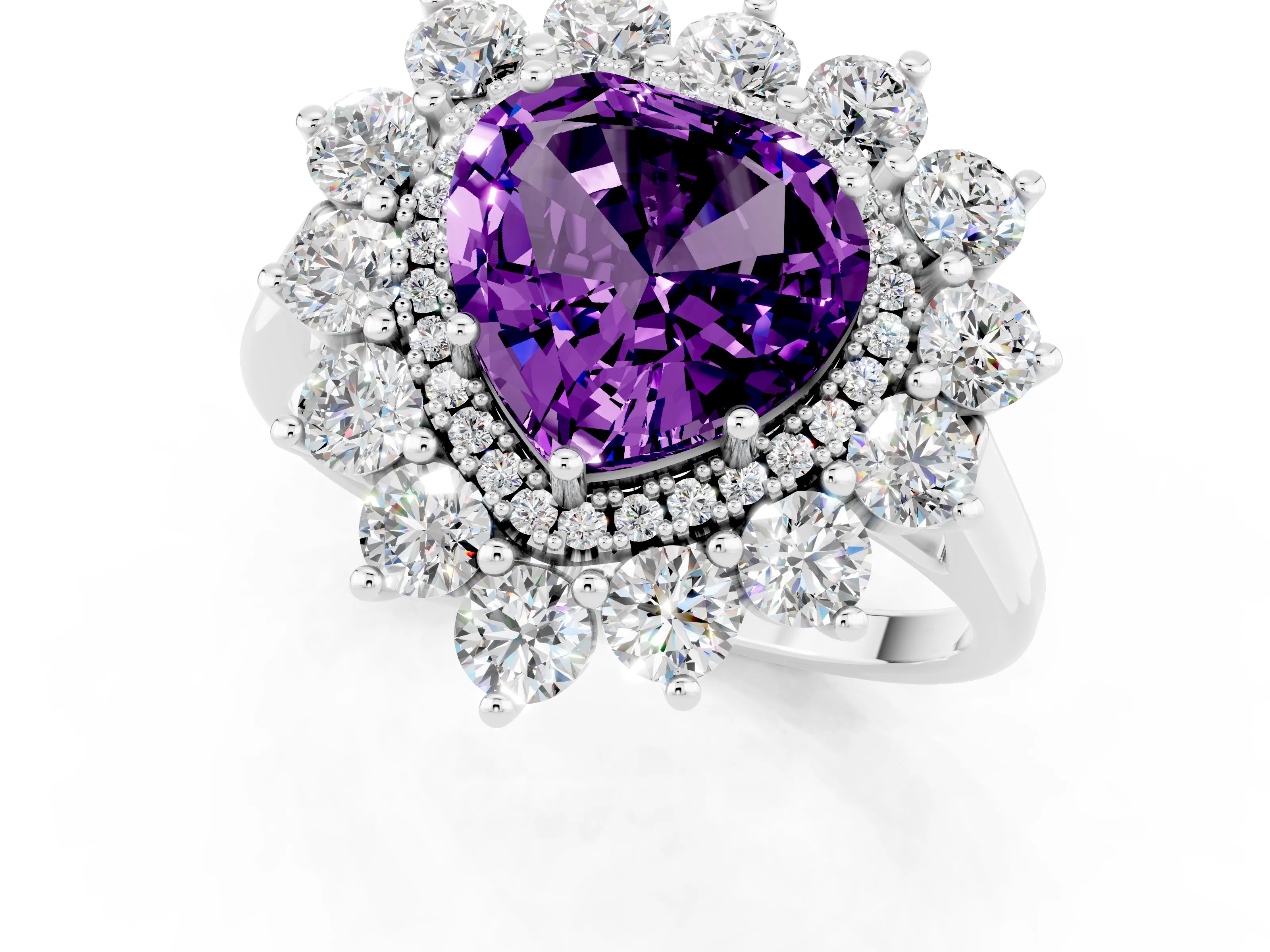 Platinum Heart Cut Halo Cluster Diamond Ring with Pave Band and Four-Prong Setting_19