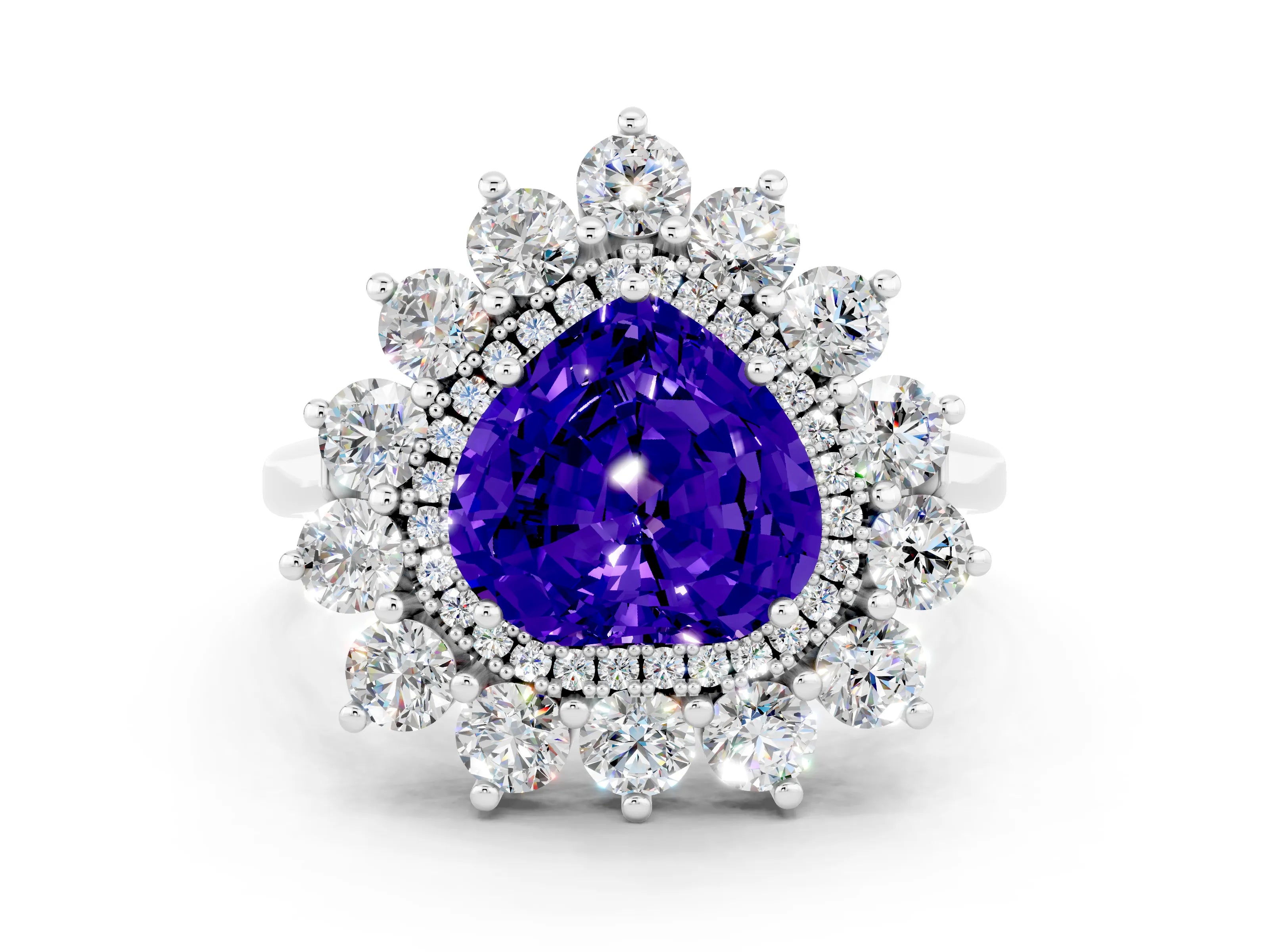 Platinum Heart Cut Halo Cluster Diamond Ring with Pave Band and Four-Prong Setting_6