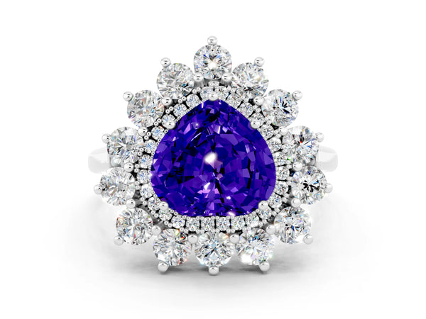 Platinum Heart Cut Tanzanite Floral Double Halo Engagement Ring with Prong Setting