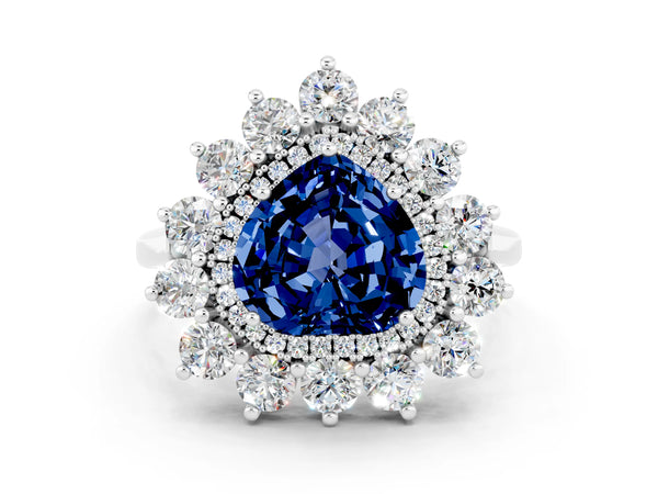 Platinum Heart Cut Blue Sapphire Floral Double Halo Engagement Ring with Prong Setting