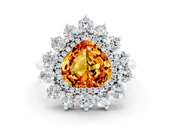 Platinum Heart Cut Citrine Floral Double Halo Engagement Ring with Prong Setting