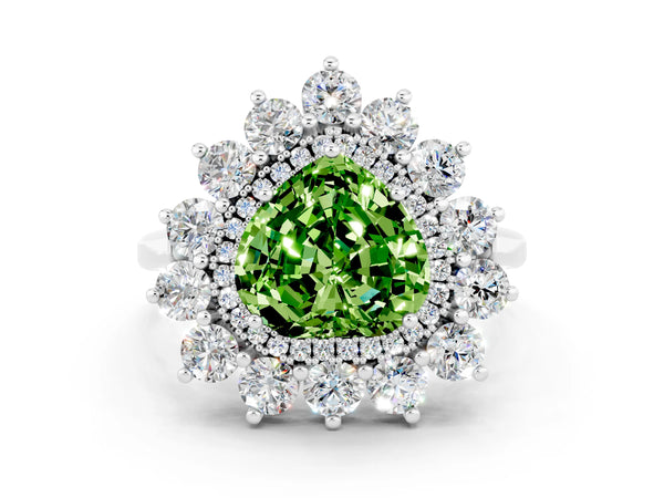 Platinum Heart Cut Peridot Floral Double Halo Engagement Ring with Prong Setting