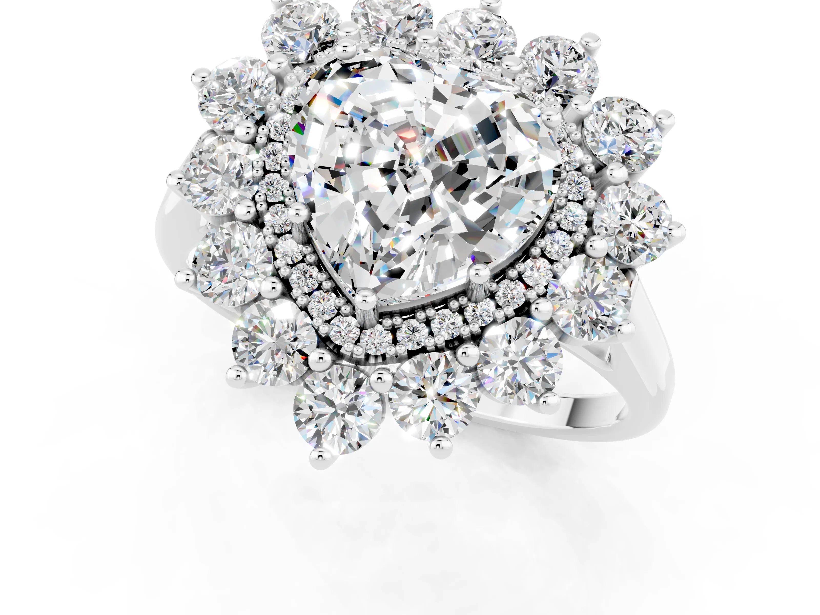 Platinum Heart Cut Halo Cluster Diamond Ring with Pave Band and Four-Prong Setting_7