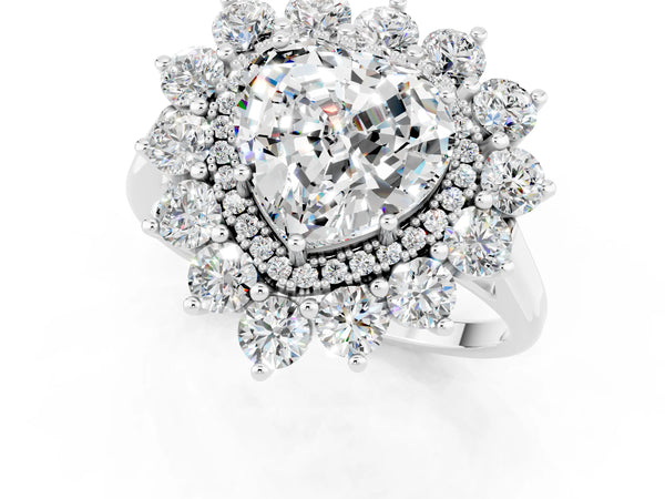 Platinum Heart Cut Moissanite Floral Double Halo Engagement Ring with Prong Setting