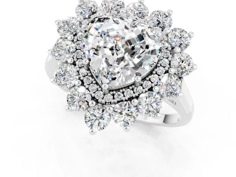 Platinum Heart Cut Halo Cluster Diamond Ring with Pave Band and Four-Prong Setting_7