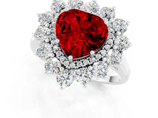 Platinum Heart Cut Ruby Floral Double Halo Engagement Ring with Prong Setting