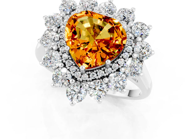 Platinum Heart Cut Citrine Floral Double Halo Engagement Ring with Prong Setting
