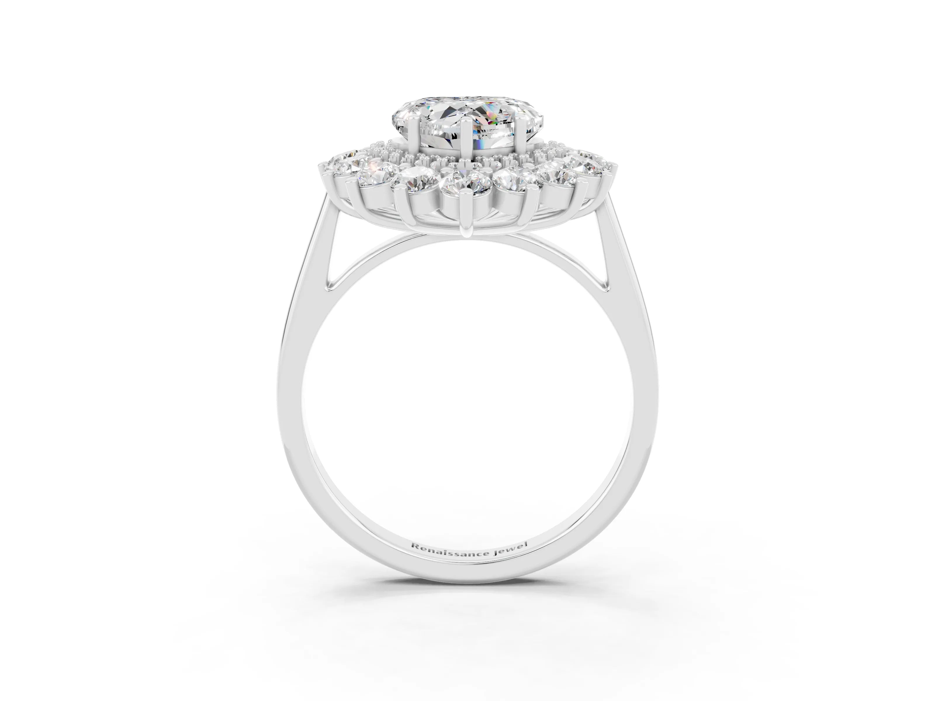 Platinum Heart Cut Halo Cluster Diamond Ring with Pave Band and Four-Prong Setting_9