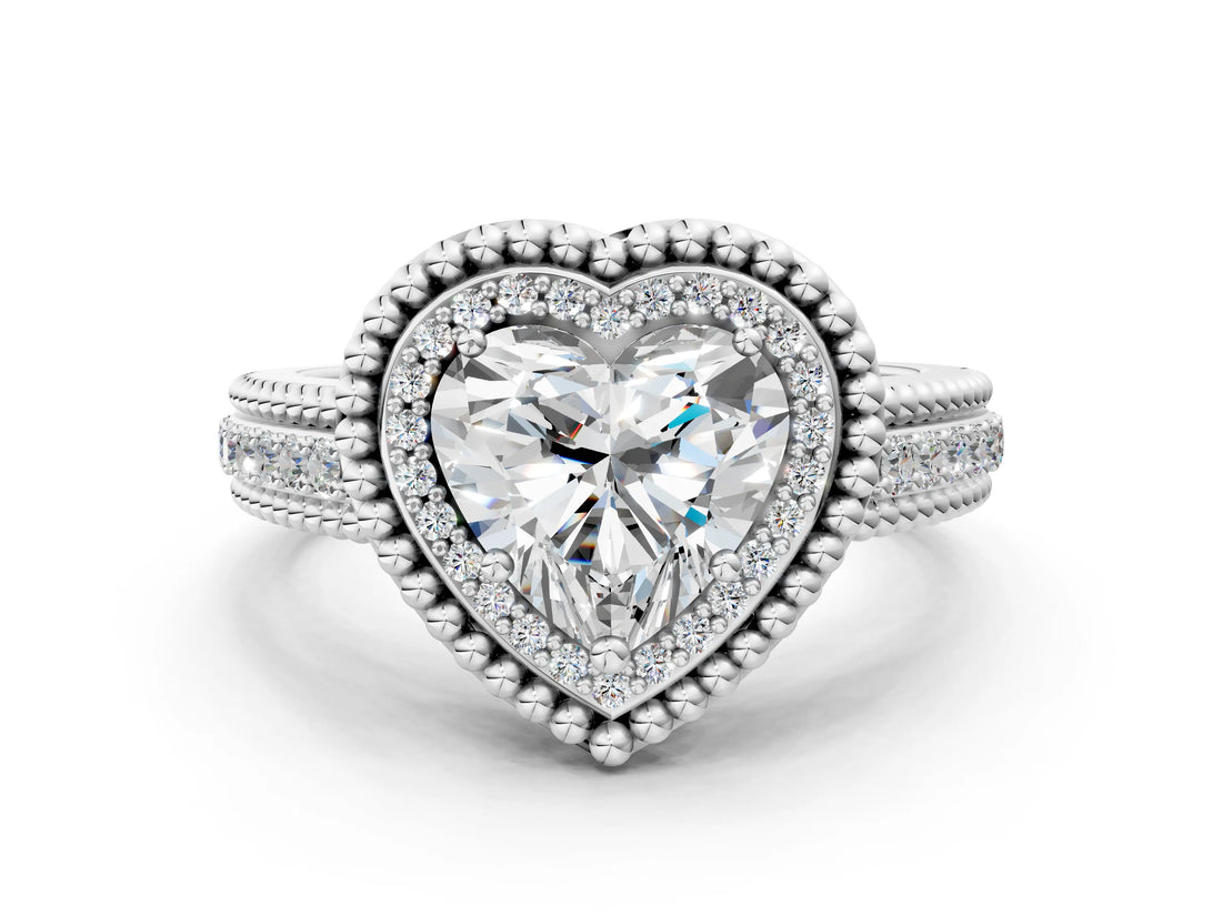 Platinum Heart Cut Halo Diamond Ring with Beaded Split Shank and Four-Prong Setting_13