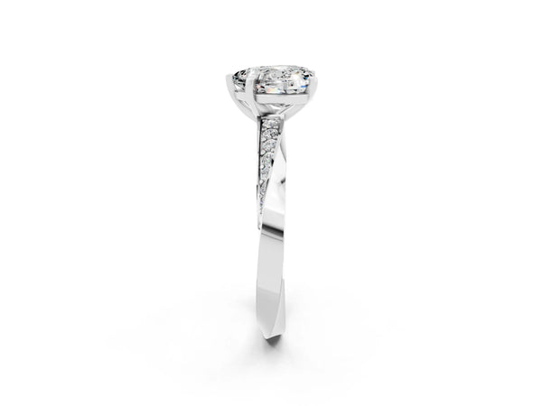 Platinum Heart Cut Moissanite Engagement Ring with Side Stone Accents and Four-Prong Setting