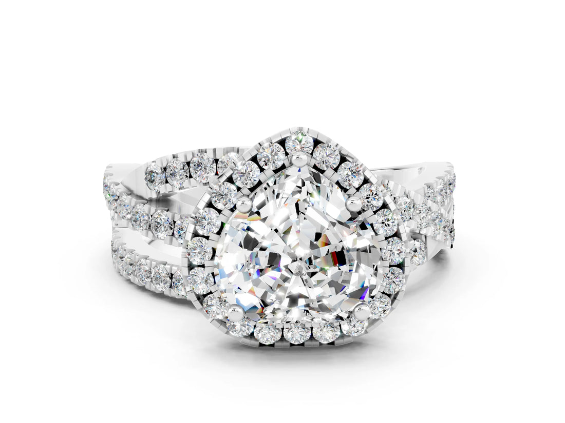 Platinum Heart Cut Moissanite Halo Ring with Round Split Shank and Prong Setting_66