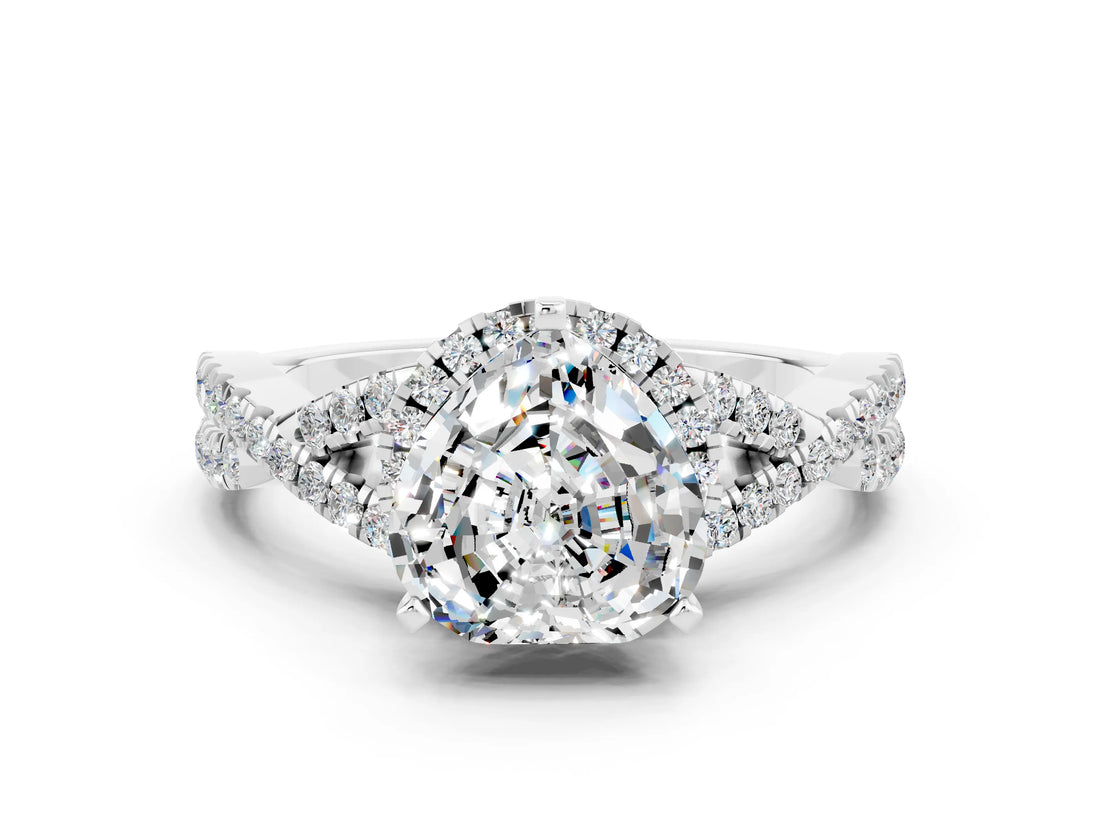 Platinum Heart Cut Moissanite  Halo Twist Band Solitaire Prong Setting Ring_12