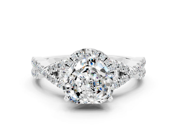 Platinum Heart Cut Moissanite  Halo Twist Band Solitaire Prong Setting Ring