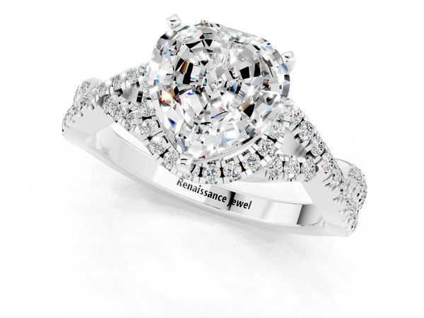 Platinum Heart Cut Moissanite  Halo Twist Band Solitaire Prong Setting Ring
