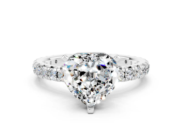 Platinum Heart Cut Moissanite Pavé Solitaire Ring with Round Band and Prong Setting