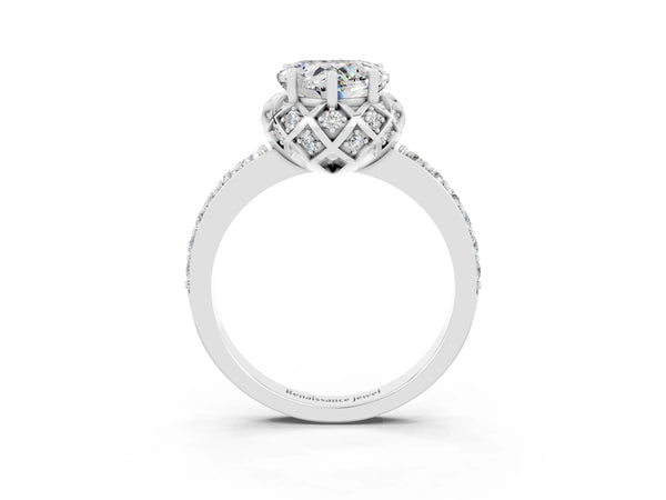 Platinum Heart Cut Moissanite Scalloped Halo Engagement Ring with Round Shared Prong Band