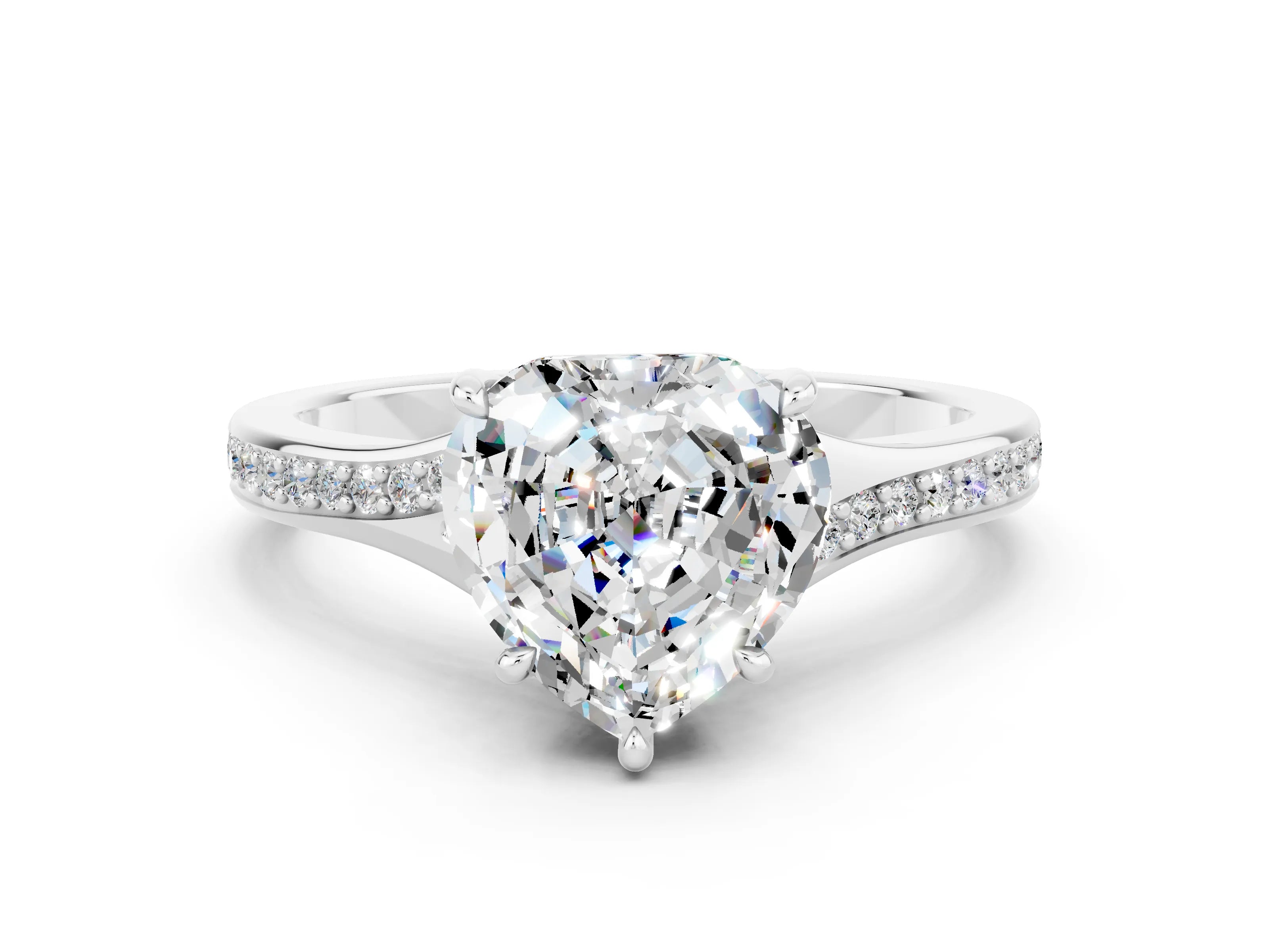 Platinum Heart Cut Moissanite Solitaire Ring with Pavé Band and Prong Setting_12