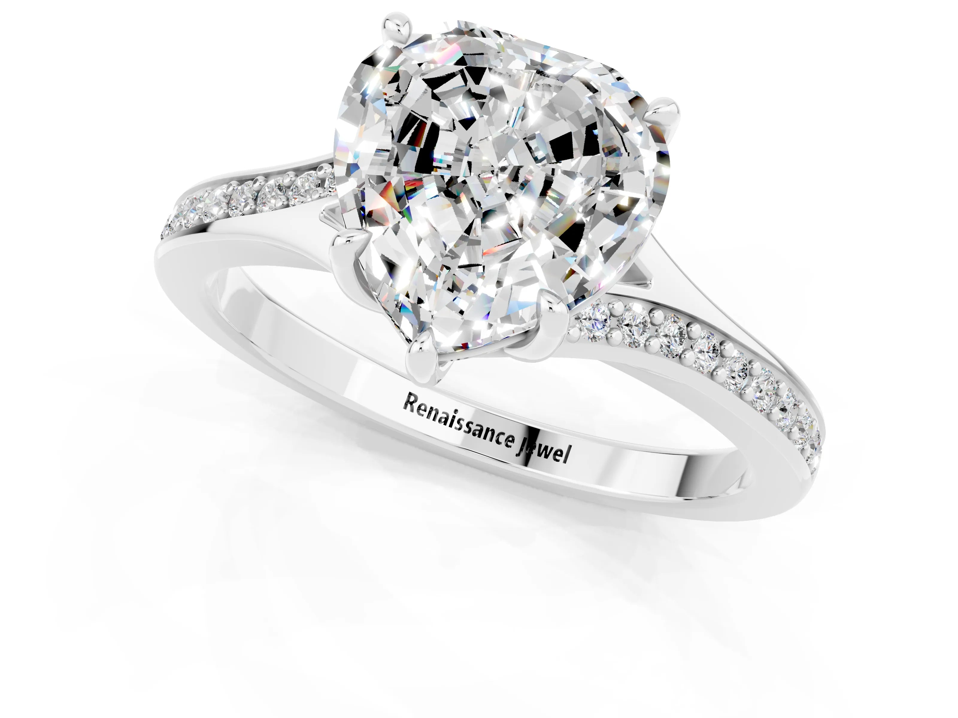 Platinum Heart Cut Moissanite Solitaire Ring with Pavé Band and Prong Setting_13