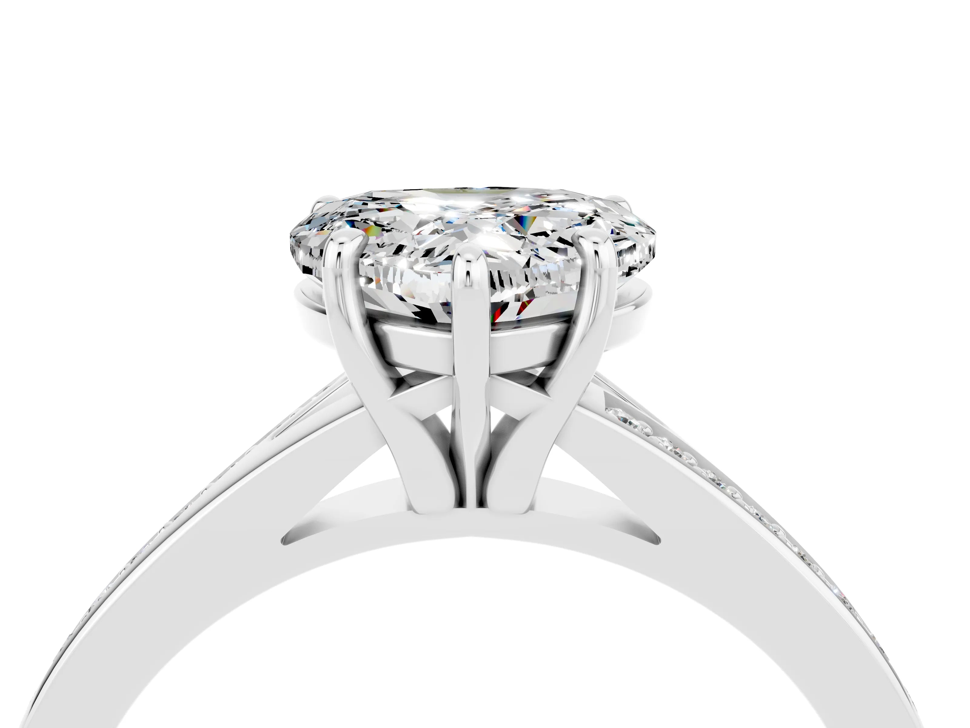 Platinum Heart Cut Moissanite Solitaire Ring with Pavé Band and Prong Setting_16