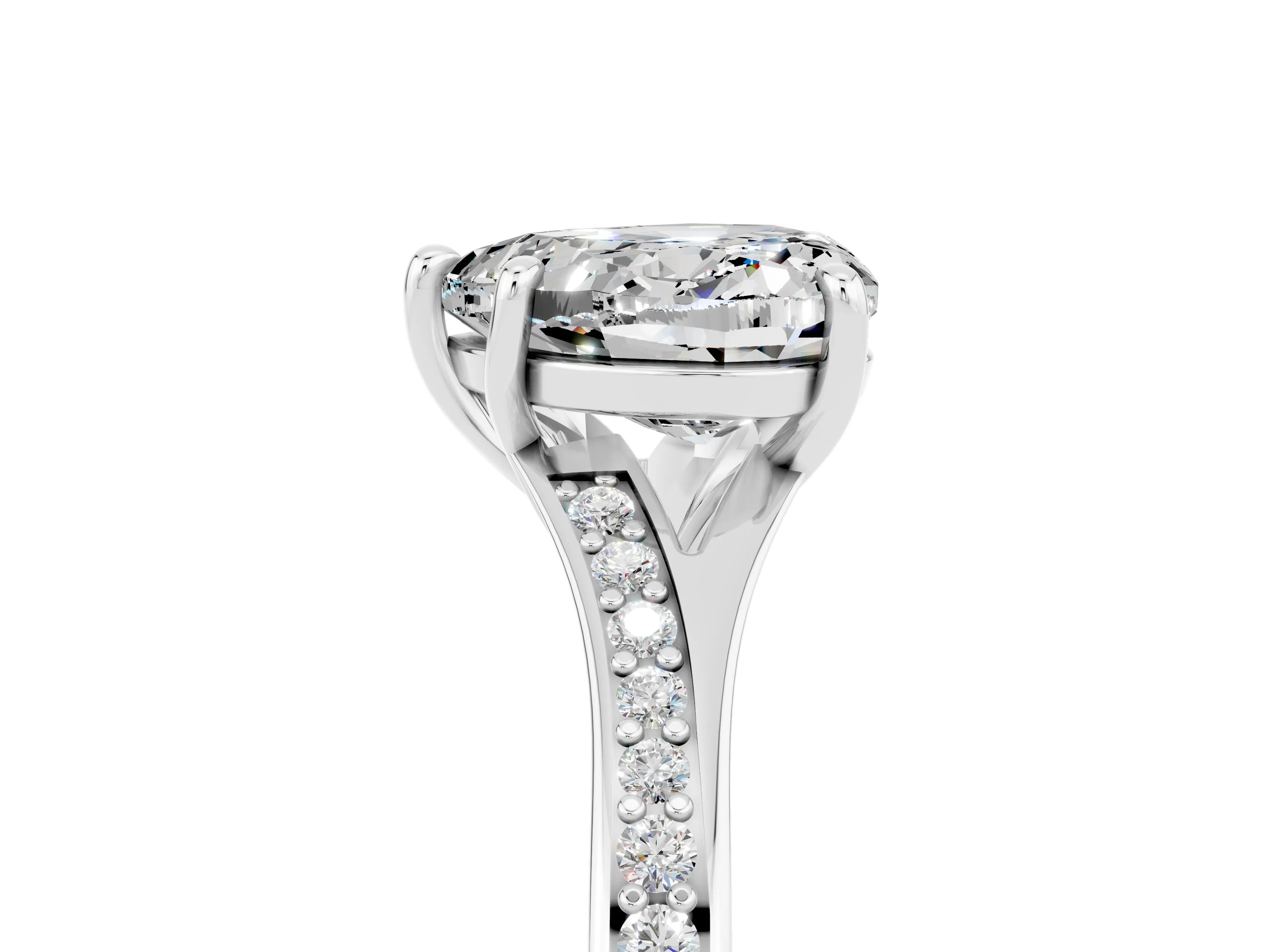 Platinum Heart Cut Moissanite Solitaire Ring with Pavé Band and Prong Setting_17