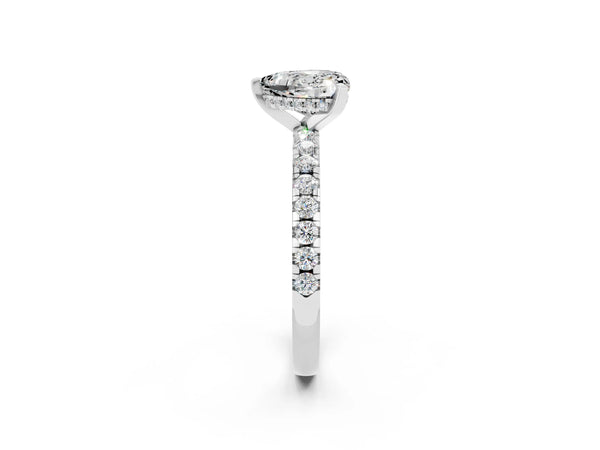 Platinum Heart Cut Moissanite Solitaire Ring with Round Pavé Band and Four-Prong Setting