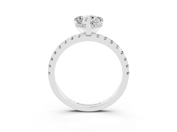 Platinum Heart Cut Moissanite Solitaire Ring with Round Pavé Band and Four-Prong Setting