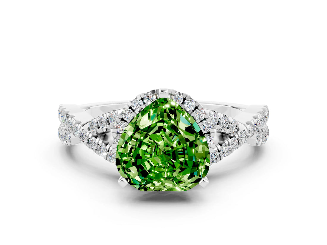 Platinum Heart Cut Peridot  Halo Twist Band Solitaire Prong Setting Ring_12