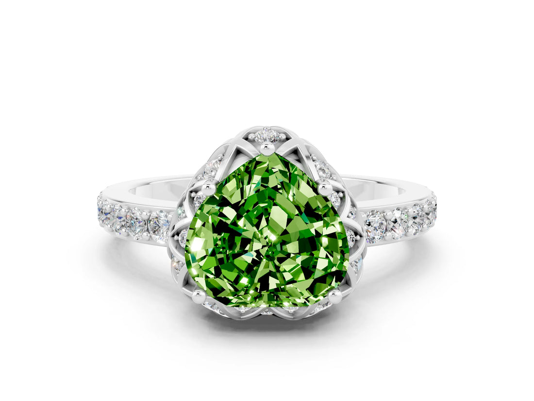 Platinum Heart Cut Peridot Scalloped Halo Engagement Ring with Round Shared Prong Band_30