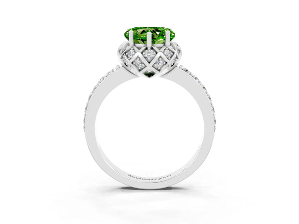 Platinum Heart Cut Peridot Scalloped Halo Engagement Ring with Round Shared Prong Band