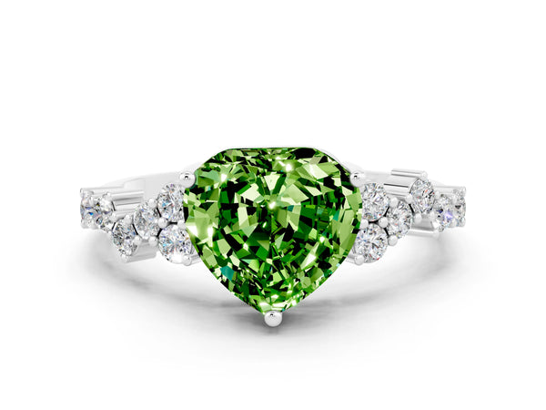 Platinum Heart Cut Peridot Scattered Round Accent Ring with Prong Setting