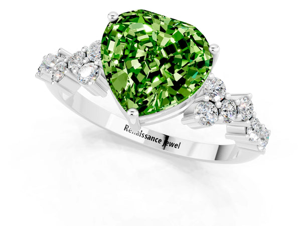 Platinum Heart Cut Peridot Scattered Round Accent Ring with Prong Setting