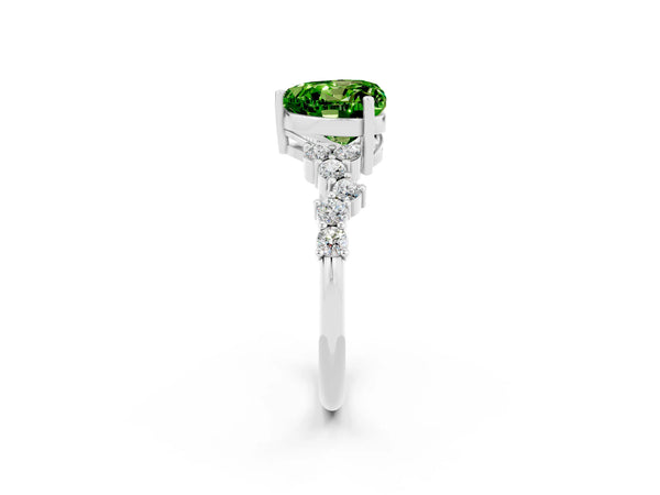 Platinum Heart Cut Peridot Scattered Round Accent Ring with Prong Setting