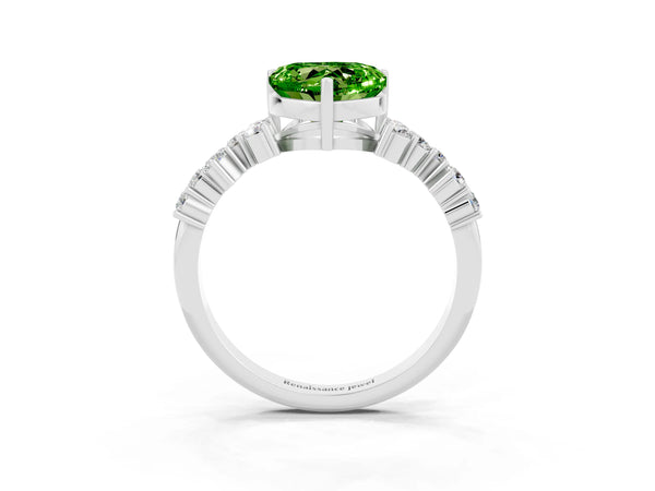 Platinum Heart Cut Peridot Scattered Round Accent Ring with Prong Setting