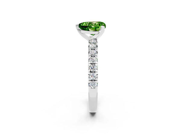 Platinum Heart Cut Peridot Solitaire Pavé Engagement Ring with Round Band and Prong Setting