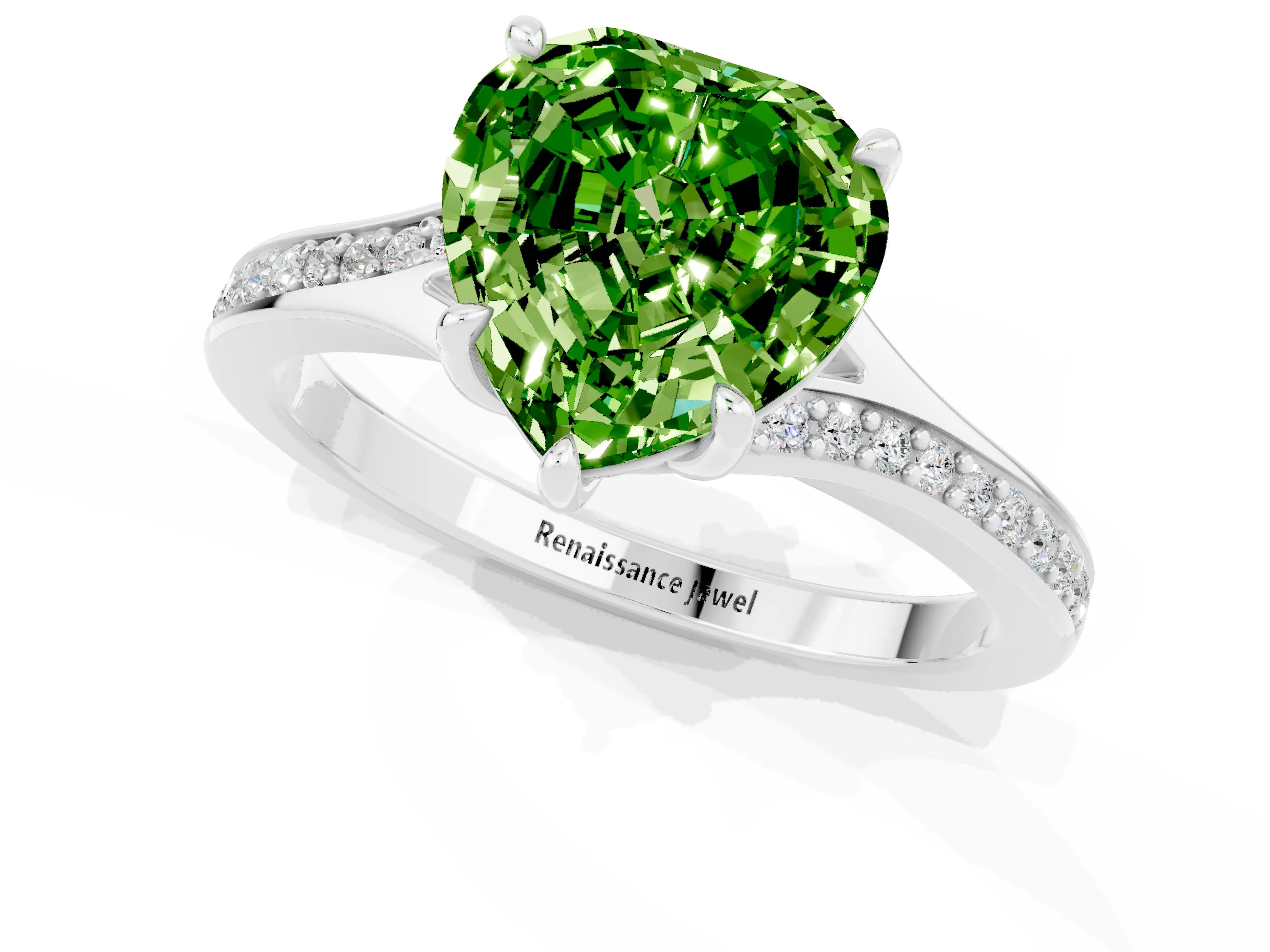 Platinum Heart Cut Peridot Solitaire Ring with Pavé Band and Prong Setting_13