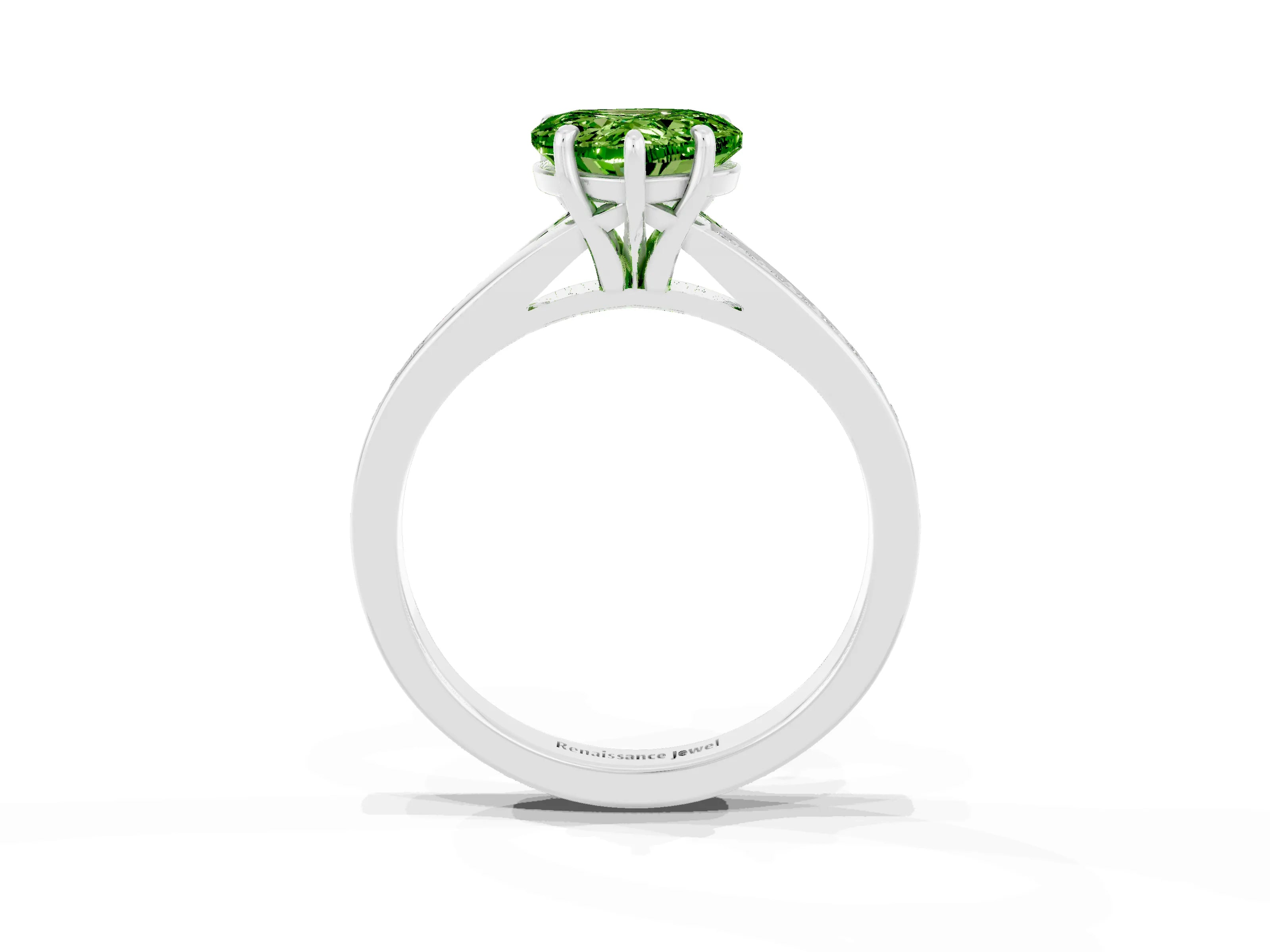 Platinum Heart Cut Peridot Solitaire Ring with Pavé Band and Prong Setting_15