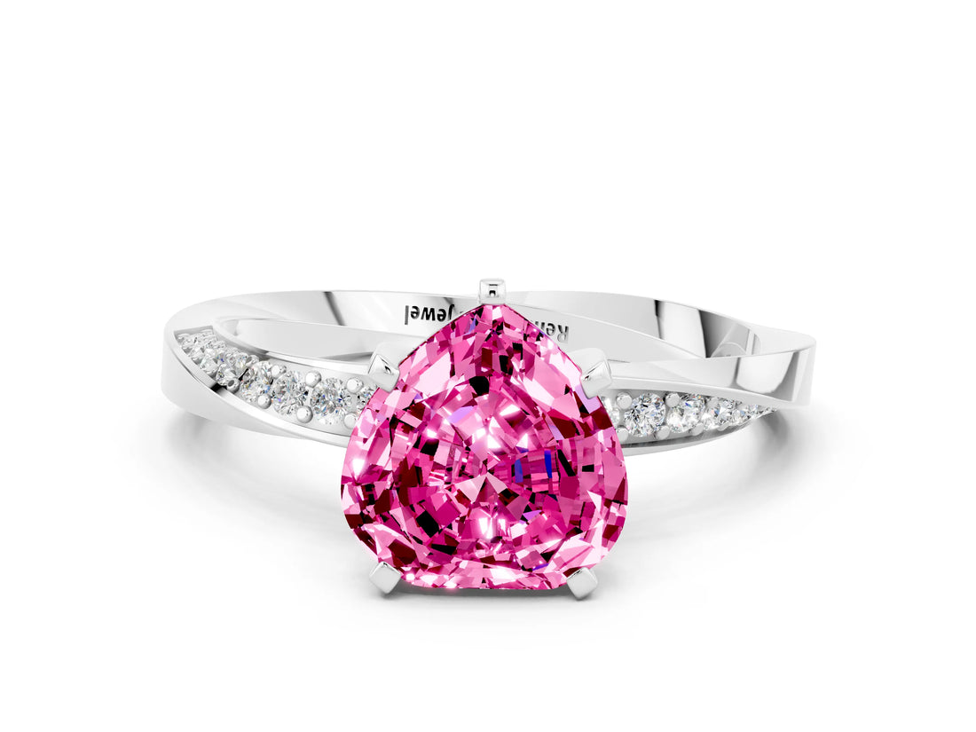 Platinum Heart Cut Pink Sapphire Engagement Ring with Side Stone Accents and Four-Prong Setting_12