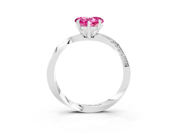 Platinum Heart Cut Pink Sapphire Engagement Ring with Side Stone Accents and Four-Prong Setting