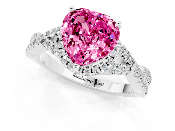 Platinum Heart Cut Pink Sapphire  Halo Twist Band Solitaire Prong Setting Ring