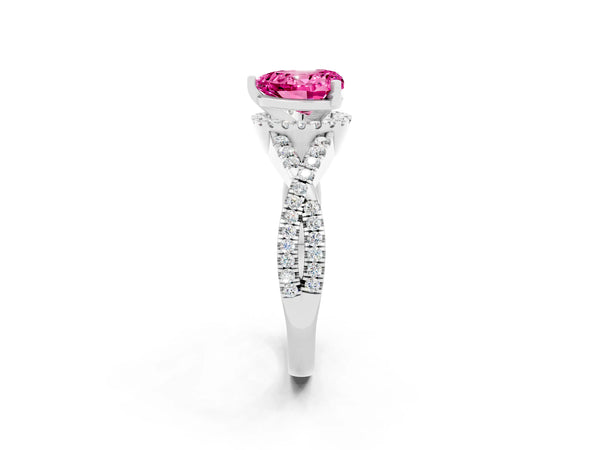 Platinum Heart Cut Pink Sapphire  Halo Twist Band Solitaire Prong Setting Ring
