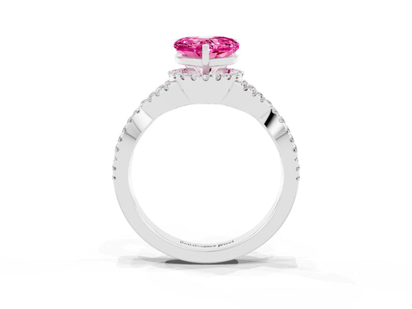 Platinum Heart Cut Pink Sapphire  Halo Twist Band Solitaire Prong Setting Ring