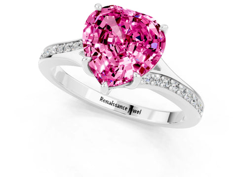 Platinum Heart Cut Pink Sapphire Solitaire Ring with Pavé Band and Prong Setting_13