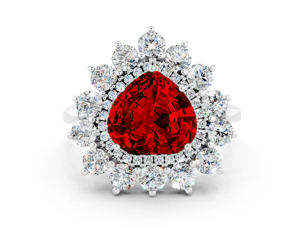 Platinum Heart-Shaped Lab-Grown Ruby Floral Double Halo Engagement Ring with Plain Band