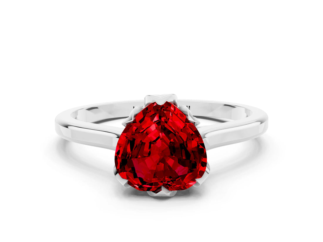 Platinum Heart Cut Ruby Solitaire Ring with Flower Prong Setting and Classic Band_12